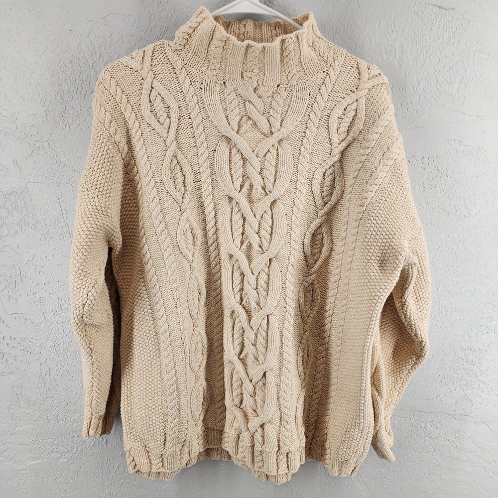Ann Taylor Cream Cable Knit Cotton Mock Neck Sweater Large Coastal Grandma Women